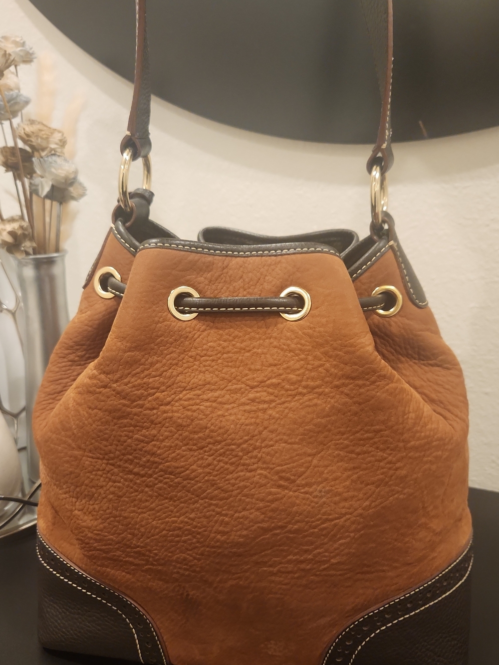 Dooney & Bourke Two-Tone Tan and Dark Brown Leather Drawstring Hobo - Picture 2 of 8